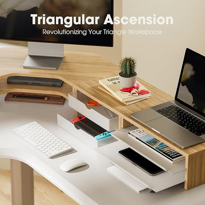 Fenge Dual Monitor Stand, Corner Monitor shelf with Drawer and Slide-Out Tray, 2 Tier Triangle Monitor Riser with Storage, Desk Shelf Organizer for Desk, Home Office, Computer, Laptop, Printer