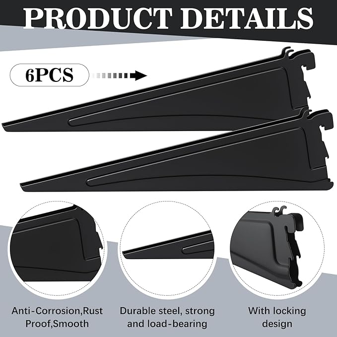 Adjustable Locking Shelf Bracket 16 Inch Shelf Brackets Heavy Duty Wire Shelving Brackets for Deep Wire Shelving Double Track System(Black,6 Pcs)