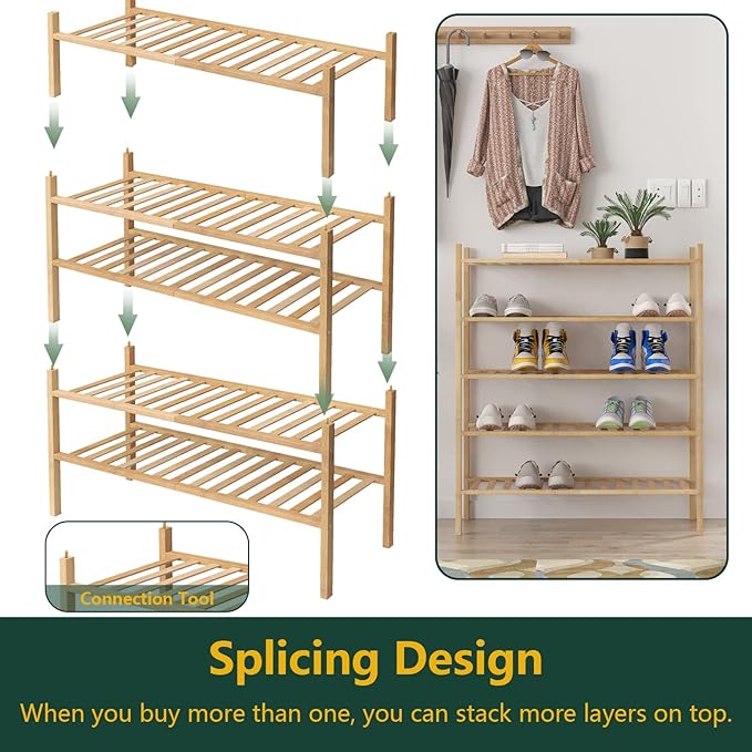 Z&L HOUSE 5-Tier Shoe Rack for Closet, Stackable Shoes Rack Organizer Free Standing Shoe Shelf for Entryway and Closet Hallway, Multifunctional Bamboo Rack in Different Combinations (5-Tier)
