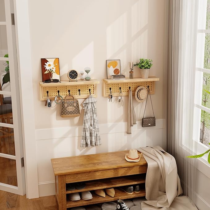 Homode Coat Rack Wall Mount with Shelf, Boho Rattan Entryway Wall Shelf with Hooks, Natural Wood Floating Shelves with 5 Pegs, Hanging Coat Hooks Hat Hanger for Nursery Bedroom Living Room Kitchen