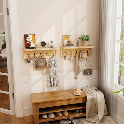 Homode Coat Rack Wall Mount with Shelf, Boho Rattan Entryway Wall Shelf with Hooks, Natural Wood Floating Shelves with 5 Pegs, Hanging Coat Hooks Hat Hanger for Nursery Bedroom Living Room Kitchen