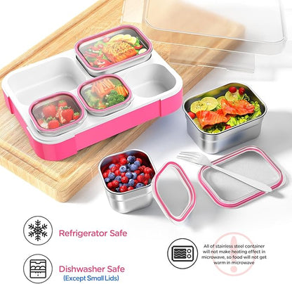 DaCool Stainless Steel Lunch Box Bento for Kids Adults Leakproof BPA-Free Metal Lunch Containers Tray 5-Compartment with Fork for Girls Food Snack Containers for School Outdoors, Pink