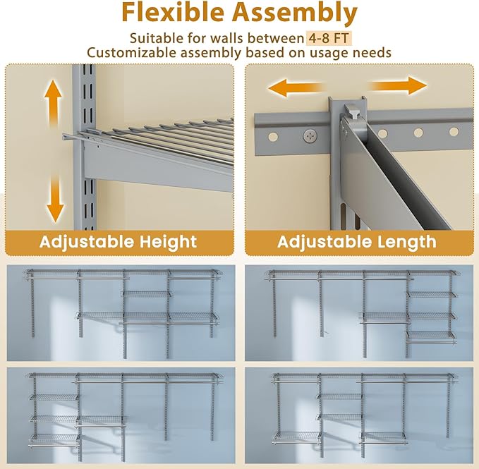Tangkula 4 to 8 FT Custom Closet System, Wall Mounted Closet with Hanging Rod, Metal Hanging Storage Organizer Rack Wardrobe with Shelves, Adjustable Closet System Kit for Bedroom (Gray)