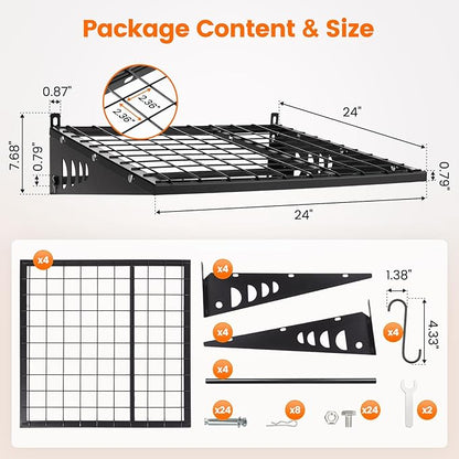 Garage Shelving 2x2ft 4-Pack, Garage Storage Rack 24"x24" Metal Shelves Black Wall Mounted with rods & 4 Hooks, Heavy Duty Wall Shelving Floating Shelves, 880lbs Total load Capacity