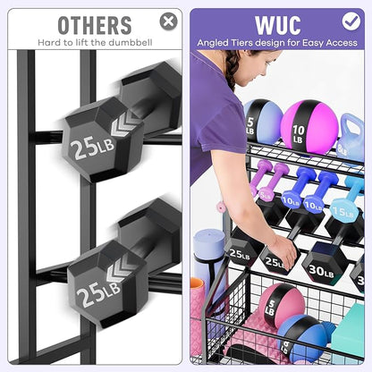 WUC Dumbbell Rack, Adjustable Weight Rack for Home Gym Storage, All-in-One Workout Storage Racks with Wheels and Hooks for Dumbbells, Kettlebells, Yoga Mats & Balls, Durable Powder Coated Steel, Black