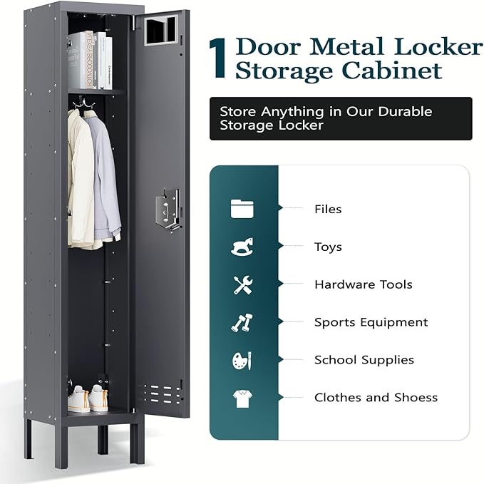 Metal Storage Locker with Lock & Card Slot Locker - Secure Lockable Door - Steel Locker for School, Office, Gym, Home - 66.15" H x 11.8" W x 11.8" D（1 Door, Grey）