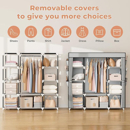 VTRIN Portable Closet Wardrobe for Hanging Clothes 57.3 Inch Large Capacity Clothes Rack with Cover, 10 Storage Organizer Shelves, 1 Hanging Rods and 6 Pockets, Free Standing Closet for Bedroom, Grey