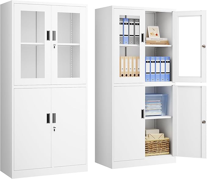 Display Storage Cabinet with Glass Door, 71 Inches Metal Curio Cabinet with 2 Adjustable Shelves, Locking Glass Display Case for Home, Office, Clinic, Pantry, Assemble Required(White)