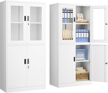 Display Storage Cabinet with Glass Door, 71 Inches Metal Curio Cabinet with 2 Adjustable Shelves, Locking Glass Display Case for Home, Office, Clinic, Pantry, Assemble Required(White)