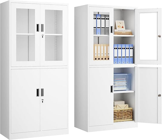 Display Storage Cabinet with Glass Door, 71 Inches Metal Curio Cabinet with 2 Adjustable Shelves, Locking Glass Display Case for Home, Office, Clinic, Pantry, Assemble Required(White)