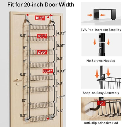 Delamu Over The Door Pantry Organizer, 8-Tier Pantry Door Organizers and Storage, Metal Hanging Spice Rack, Seasoning Organizer, Door Organizer for Home Kitchen Bathroom, Black