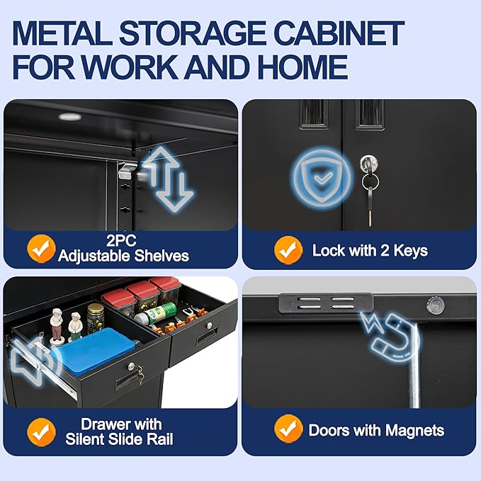 BESFUR Metal Garage Storage Cabinet with Two Drawers Locking Doors and 2 Adjustable Shelves, Black Tall Storage Cabinets, Tool File Lockable Cabinet for Garage Office Warehouse Shop(71”H)