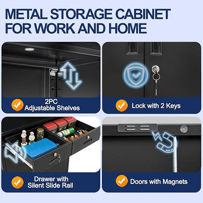 BESFUR Metal Garage Storage Cabinet with Two Drawers Locking Doors and 2 Adjustable Shelves, Black Tall Storage Cabinets, Tool File Lockable Cabinet for Garage Office Warehouse Shop(71”H)