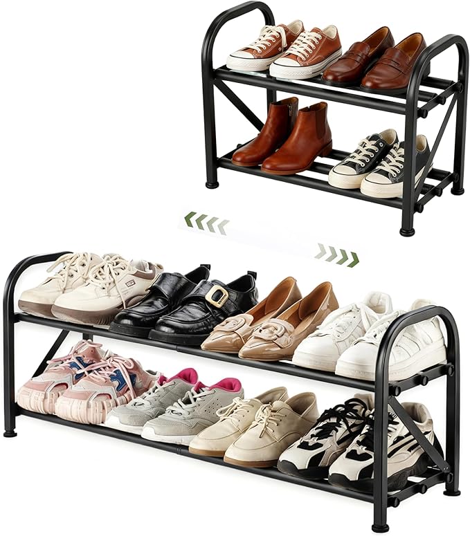2-Tier Shoe Rack for Closet, 16"-33" Expandable ShoeRack, Adjustable for Entryway Closet Doorway SturdyMetal, Black