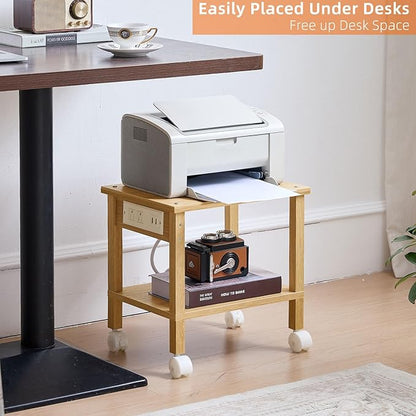 Lerliuo Under Desk Printer Stand with Charging Station, 2 Tier Wooden Small Printer Table with Storage, Rolling Printer Cart Shelf with Lockable Wheels for Home, Office (Natural)