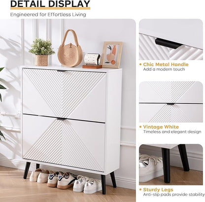 Shoe Cabinet Storage, Farmhouse Freestanding Organizer with 2 Flip Drawers and 4 Wooden feet, Narrow Shoe Rack Cabinet for Entryway, Foyer, Hallway, White