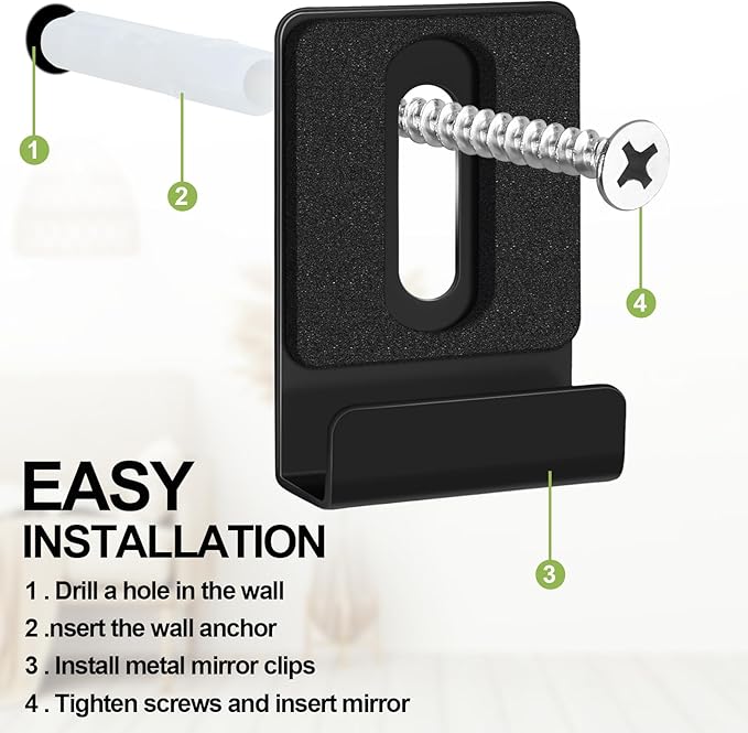 12 Pcs Metal Mirror Holder Clips for Wall Mounting Heavy Duty Frameless Mirror Hangers Hooks Hardware Mounting Clip for Wall Tile Billboard Display(Black,1/4 Inch)