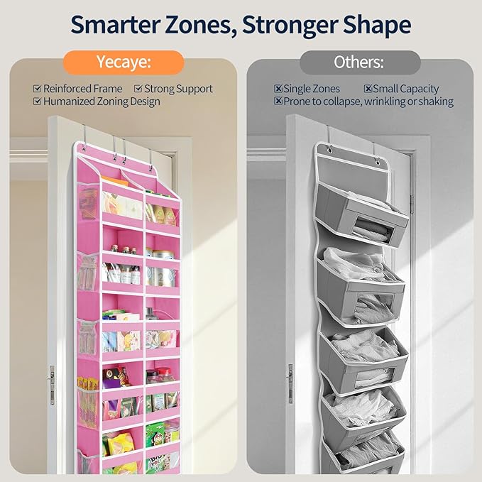 Yecaye 5-Tier Over The Door Organizer Dual-Column, 80lbs Load Stuffed Animal Storage of 10 Compartments, Heavy Duty Door Organizer Hanging for Bedroom Closet Dorm Bathroom Pantry, Macaron Pink