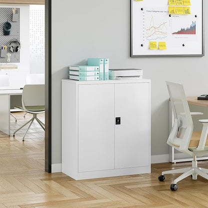 Metal Storage Cabinet, Lockable Storage Cabinet with 2 Doors and Shelves, Metal Cabinet with Lock, Small Lockable for Home Office(White)
