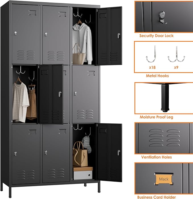 Aobabo 9 Doors Metal Storage Locker for Employees, Metal Locker with 27 Hooks for School Office Gym Garage, Black, Assembly Required