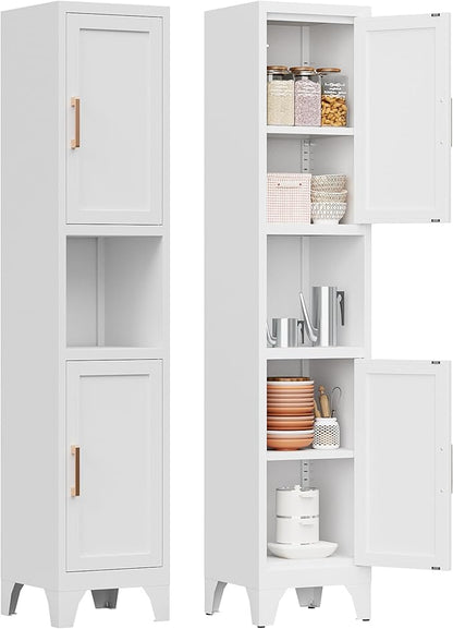 67" H White Metal Narrow Pantry Cabinet with 2 Doors and 2 Adjustable Shelves, 5 Tier Small Thin Storage Cabinet with Legs and Gold Handle for Kitchen,Home Office,Bath,Laundry,Easy Assembly