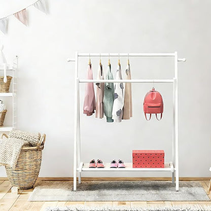 Kids Clothing Rack, Small Clothes Rack for Toddler Pets, Kids Dress Up Rack with Storage Shelf & Double Rods, Foldable Kids Clothes Rack for Nursery Child's Room (Regular Size - White)