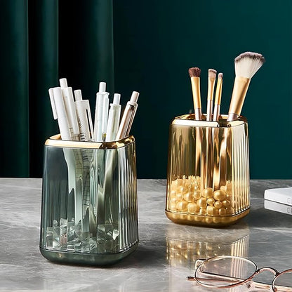 DASITON Makeup Brush holder Organizer, plastic Square Cosmetic Brush Storage Holder, Vintage Stripe Make Up Brush Cup Pen Pencil Holder（Green）