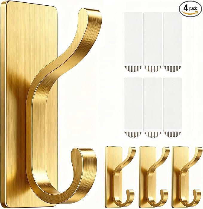 pickpiff Wall Hooks with Adhesive Strip- Easy to Remove, No Residue, Strong Heavy Duty Sticky Towel Hook, 4 Pack Brushed Gold