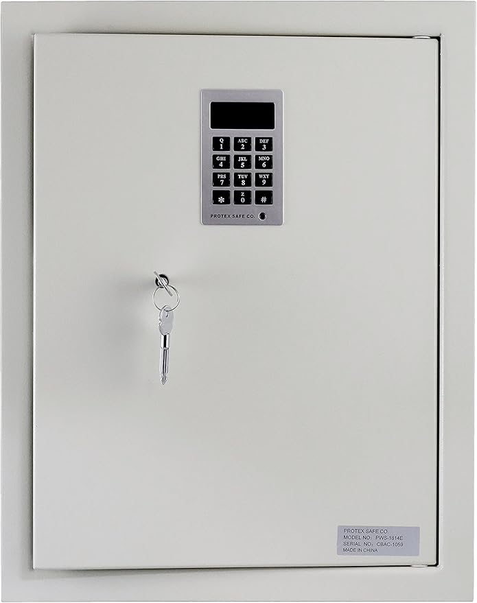 Protex Safe Electronic Keypad Wall Safe (PWS-1814E), Burglary Resistant wall safe, digital electronic locking system, velvet interior, automatic door opening, 2 Removable shelves