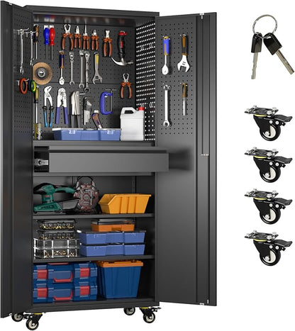 Garage Storage Cabinet with Wheels and Doors,Lockable Metal Storage Cabinet with Drawer Pegboard and Hooks for Garage Warehouse Home,Required Assembly,Black,71" H×15" D×30" W