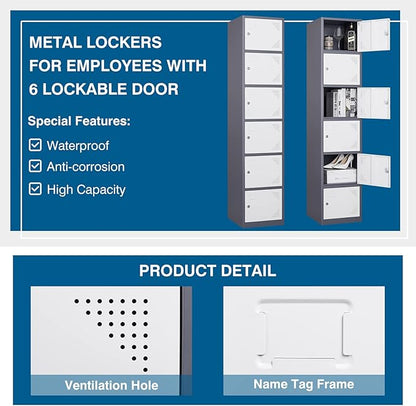 Metal Locker Cabinet with 6 Doors, 71" Storage for Employees, 6 Tier Steel Locker with Lock and Keys for School, Gym, Home, Office Staff (Grey White)