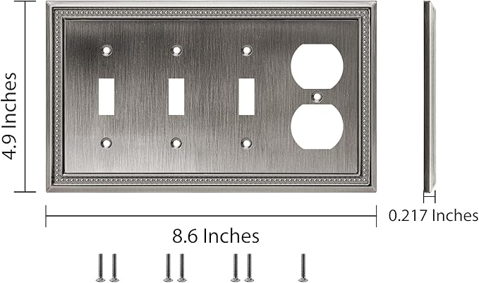 Henne Bery Sunken Pearls Heavy Duty Decorative Wall Plate Switch Plate Outlet Cover (Triple Toggle/Single Duplex, Heirloom Silver)