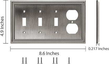 Henne Bery Sunken Pearls Heavy Duty Decorative Wall Plate Switch Plate Outlet Cover (Triple Toggle/Single Duplex, Heirloom Silver)