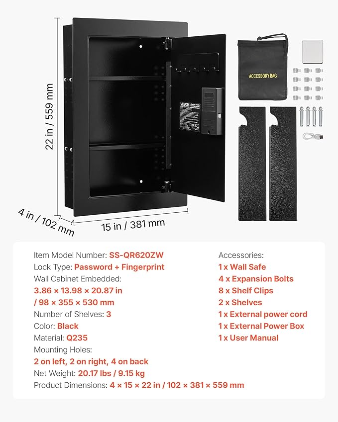 VEVOR Wall Safe, 3-Tier Hidden Wall Safe with Fingerprint, Password, Key & Turning Knob, Q235 Cold-Rolled Steel In-Wall Box with Adjustable Shelves & Key Holders for Money, Jewelry, Passport, Document