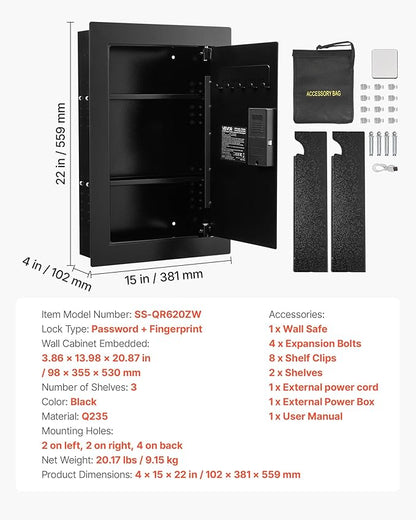 VEVOR Wall Safe, 3-Tier Hidden Wall Safe with Fingerprint, Password, Key & Turning Knob, Q235 Cold-Rolled Steel In-Wall Box with Adjustable Shelves & Key Holders for Money, Jewelry, Passport, Document
