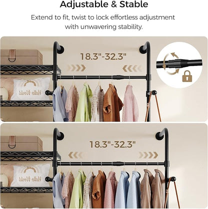Closet Organizers and Storage, 5-Row Heavy Duty Clothes Rack for Hanging Clothes, Wall Mounted Closet System with 4 Telescopic Rods, 3 Fixed Rods, 6 Hooks, 8 Shelves for Wardrobe, Bedroom, Small Space