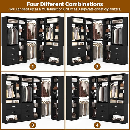 Corner Closet System with 5 Drawers, Closet Organizer System with 15+Shelvess & 4 Hanging Rods, 63.2"L * 63.2"W / 87.2"L * 39.2"W Reversible L Shaped Walk-in Closets, Load 2500+LBS, Black