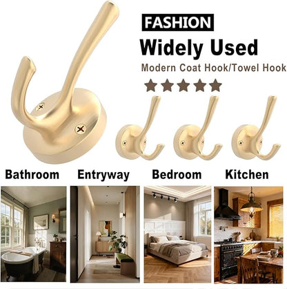 Gold Wall Hooks, 6 Pack Coat Robe Hook Heavy Duty Metal Double Bath Hook Wall Mounted, Hand Towel Hooks for Cubicle Bathroom Kitchen Closet Garage