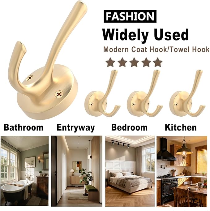 Gold Coat Hooks for Wall, 2 Pack Heavy Duty Towel Robe Hooks, Hats Hooks for Entryway Cubicle Closet Mudroom Bathroom Garage