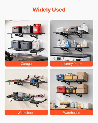 VEVOR 2-Pack Heavy Duty Garage Wall Shelving, 2 x 4 ft Steel Wall Mounted Shelving Unit with Hooks, 24 x 48 Inch Per Shelf Floating Storage Metal Rack for Garage, 500 lbs Total Weight Capacity