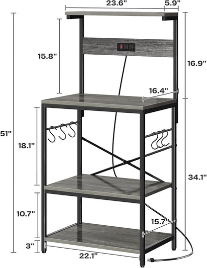 SUPERJARE Kitchen Bakers Rack with Power Outlet, Coffee Bar Table 4 Tiers, Kitchen Microwave Stand with 6 S-Shaped Hooks, Storage Shelf Rack for Spices, Pots and Pans - Charcoal Gray