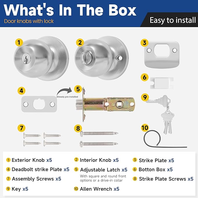 5 Pack Keyed Entry Door Knob with Lock and Key, Exterior and Interior Door Knob for Bedroom or Bathroom, Satin Nickel, Not Keyed Alike