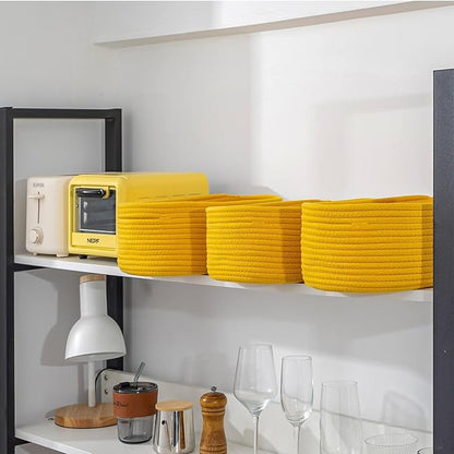 CubesLand Rope Woven Storage Baskets, Small Baby Nursery Organizer Basket, Rectangular Organization/Storage Bins, Closet Shelves Baskets，Empty Gift Basket 3 Packs, Yellow