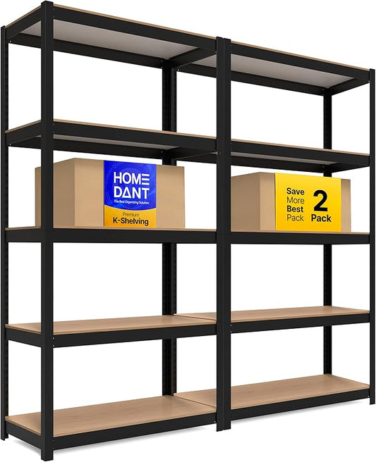 HOMEDANT House 5 Tier Heavy Duty Garage Shelving Adjustable Metal Rack Storage Shelves Standing Shelf Unit Organizers Pantry Closet Office (2, Black, 36.2" W x 16.2" D)