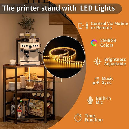 Corner Printer Stand Table, with Power Outlet and USB Charging & LED Lights, for Home Printer Stands, Storage Shelf, Computer Tower/CPU Stand Holder for Home Office, Rustic Brown