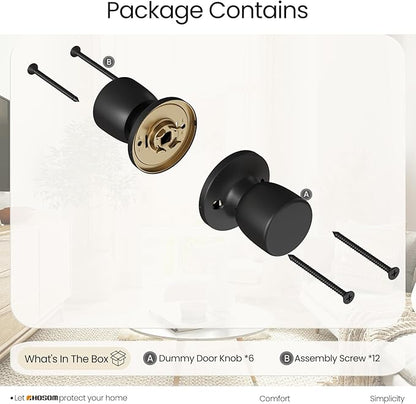 HOSOM 6 Pack Dummy Door Knobs，Matte Black Door Knobs Keyless Interior/Exterior Door Lockset, Modern Black Knobs Closet Door Knobs, Individual Non-Turning Dummy Door Handles