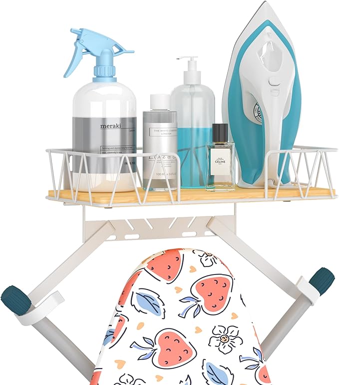 Ironing Board Hanger with Removable Hooks, Ironing Board Holder Wall Mounted for T/Y Leg, Space Saving Iron Holder for Laundry Room Storage and Organization, White