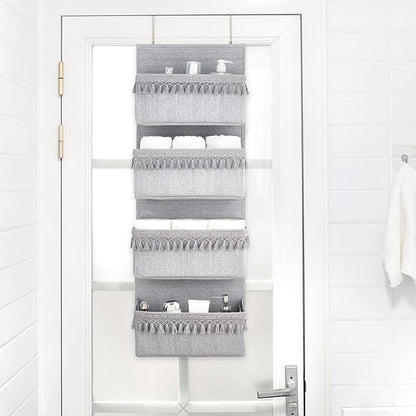 Dahey Over The Door Organizer Boho Nursery Storage Decor Closet Hanging Organizer with Tassels Decoration for Bedroom Nursery Bathroom Apartments Dorm Pantry, 4 Pockets, Grey