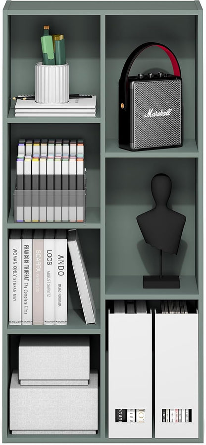 Furinno LUDER Book Shelf, 7-Cube Bookshelf, Bookcase, 9.4" x 19.5" x 41.7", for Living Room, Bedroom, Home Office, Sage Green