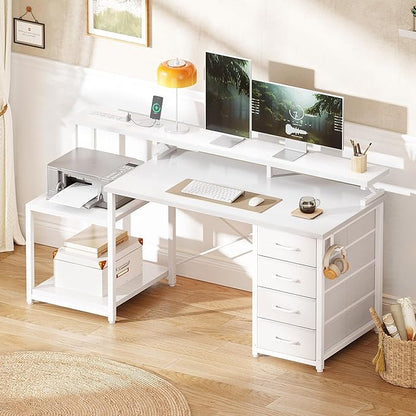 ODK 55 Inch Computer Desk with 4 Drawers, Office Desk with Power Outlets, Printer Shelf & Storage Shelves, Large Writing Study Table for Home, Bedroom, Study or Gaming Setup, White